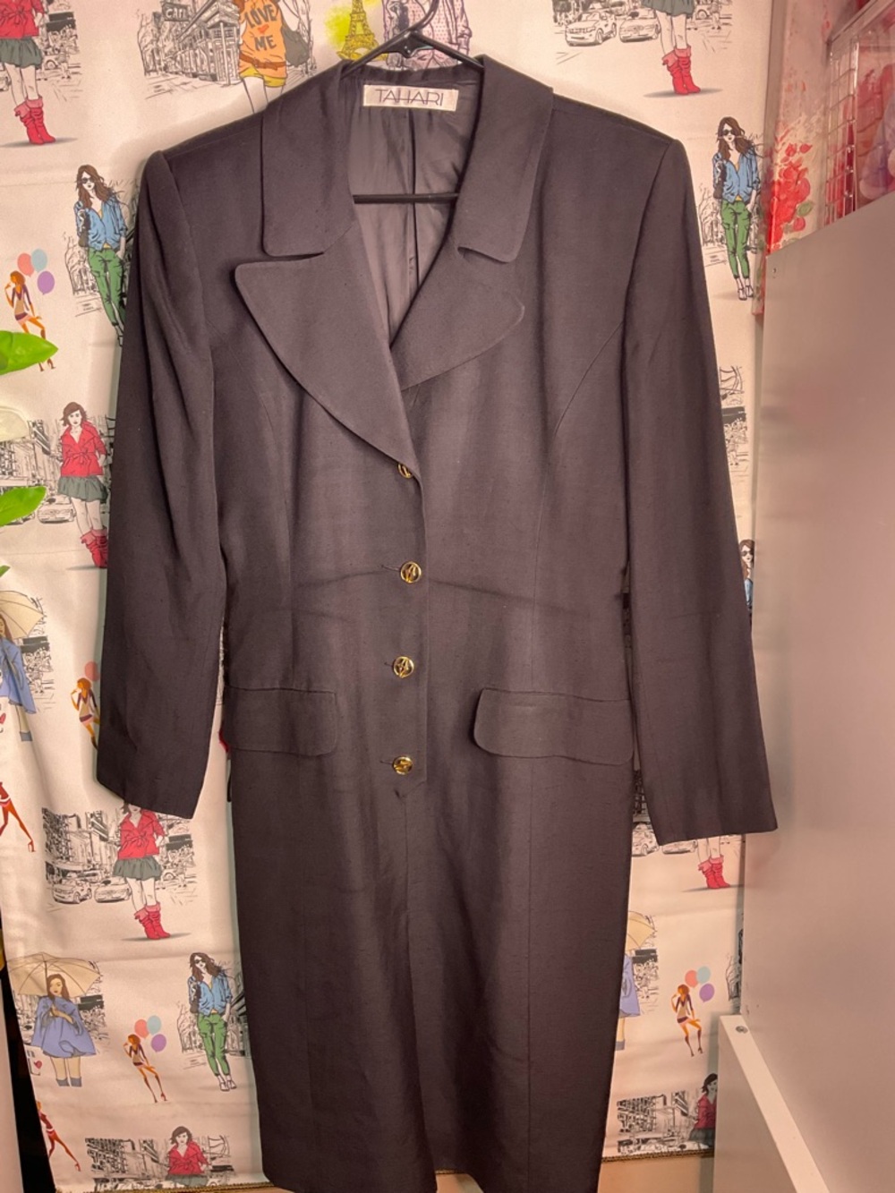 Vintage Tahari Black Long Women's Blazer Dress with Gold Buttons